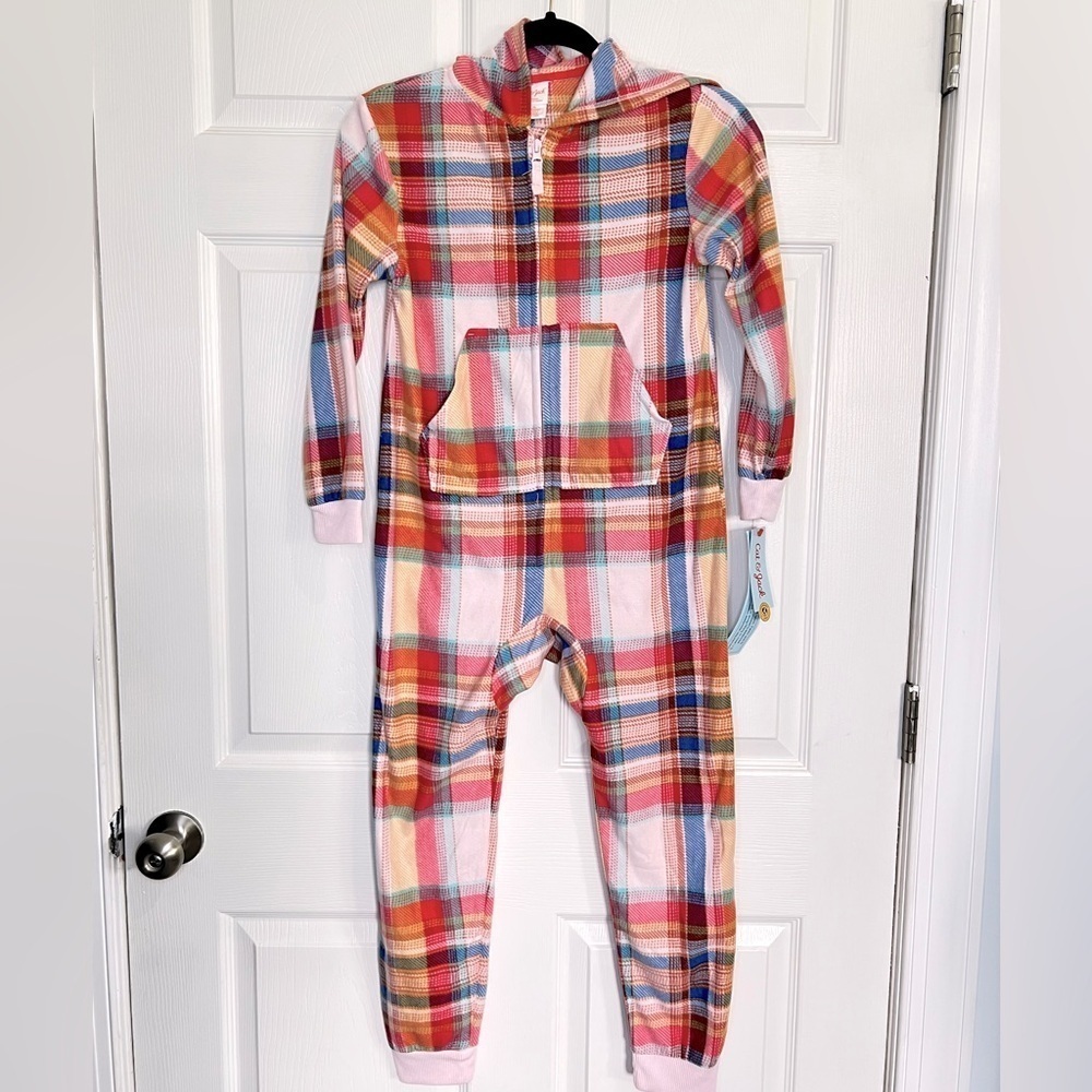 Cat & Jack Girls Fleece Union Suit One Piece Hooded Pajama - Plaid - Size M8 NWT